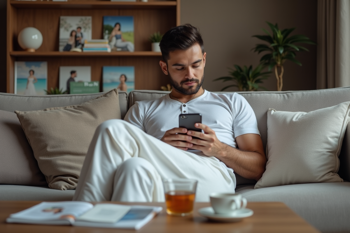 Jeune homme en lounge regardant son téléphone sur un canapé
