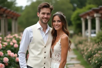 Marié en gilet blanc coordonné avec la robe ivoire de la mariée dans un jardin fleuri pour un mariage élégant