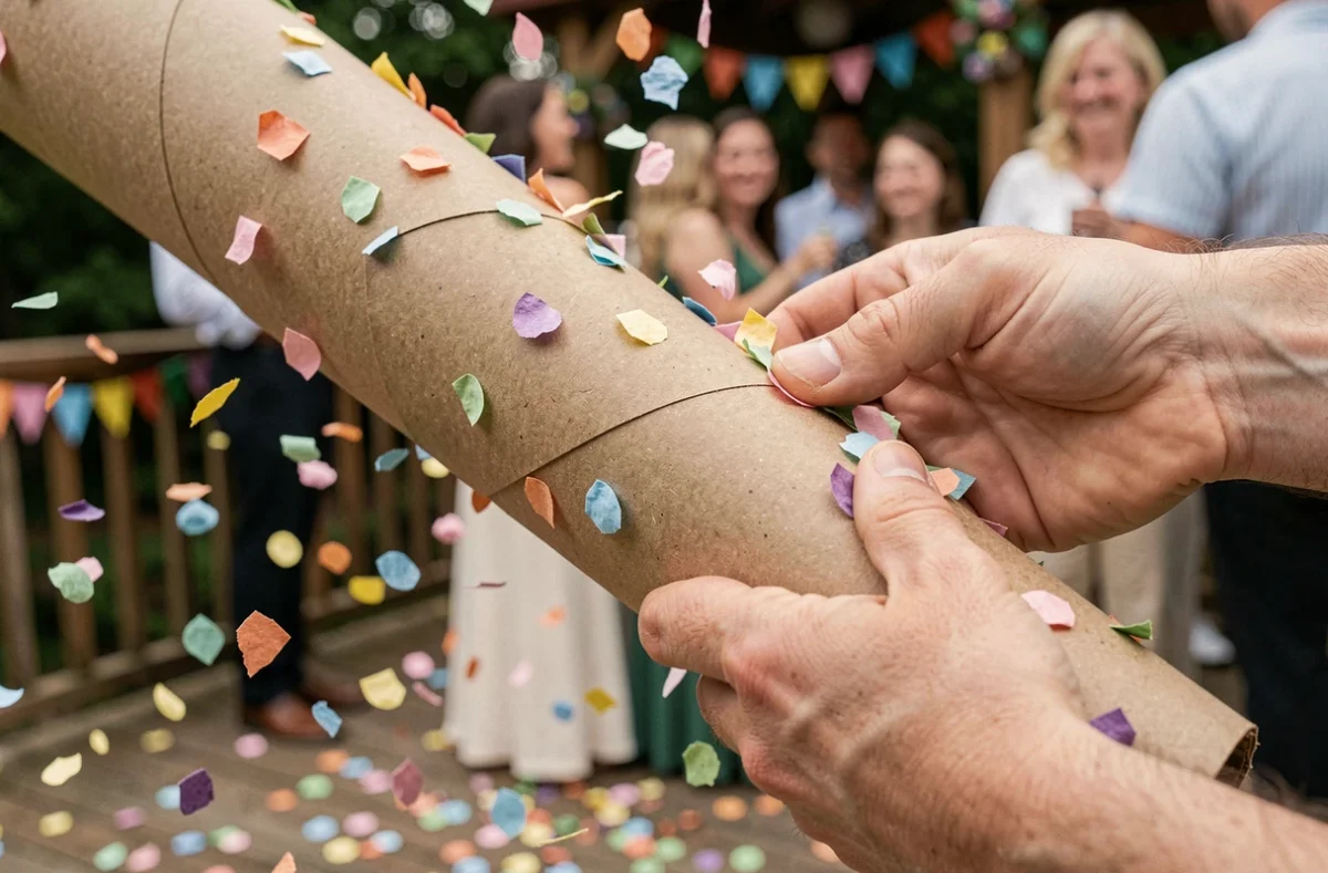 Gros plan sur des mains tenant un canon à confettis manuel biodégradable de 80 cm avec des confettis colorés en papier naturel