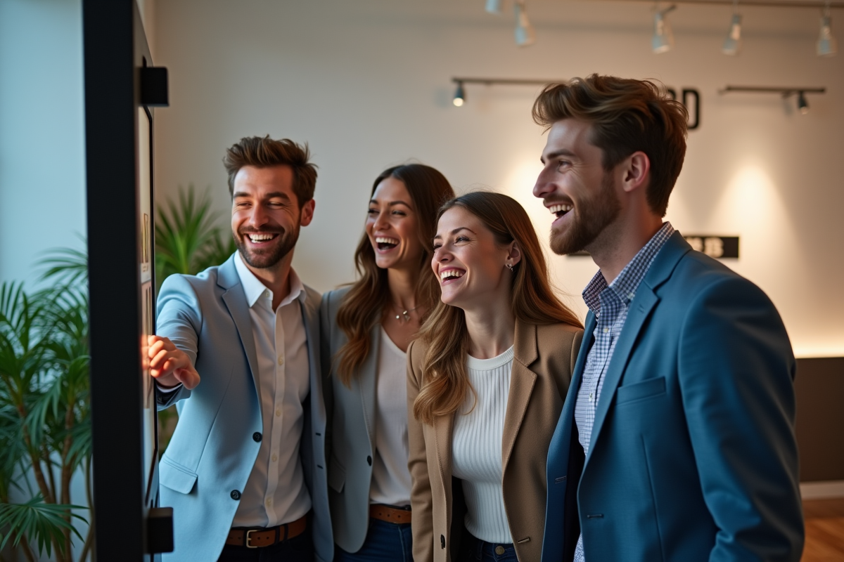 Groupe de quatre adultes souriants avec photobooth lors d'un événement