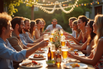 Groupe d'amis autour d'une table extérieure en fête