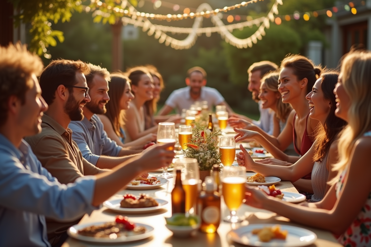 Groupe d'amis autour d'une table extérieure en fête