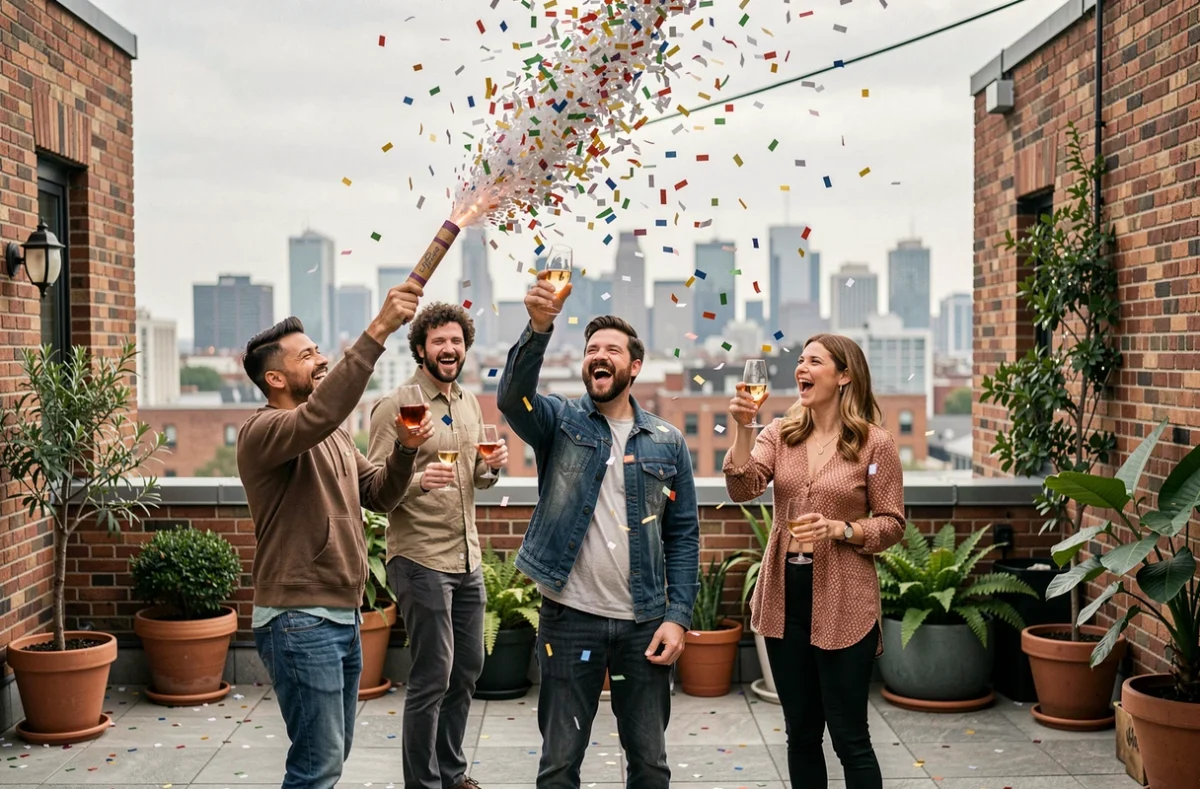 Groupe d'adultes sur une terrasse urbaine tirant un canon à confettis biodégradable de 80 cm pour une célébration écoresponsable