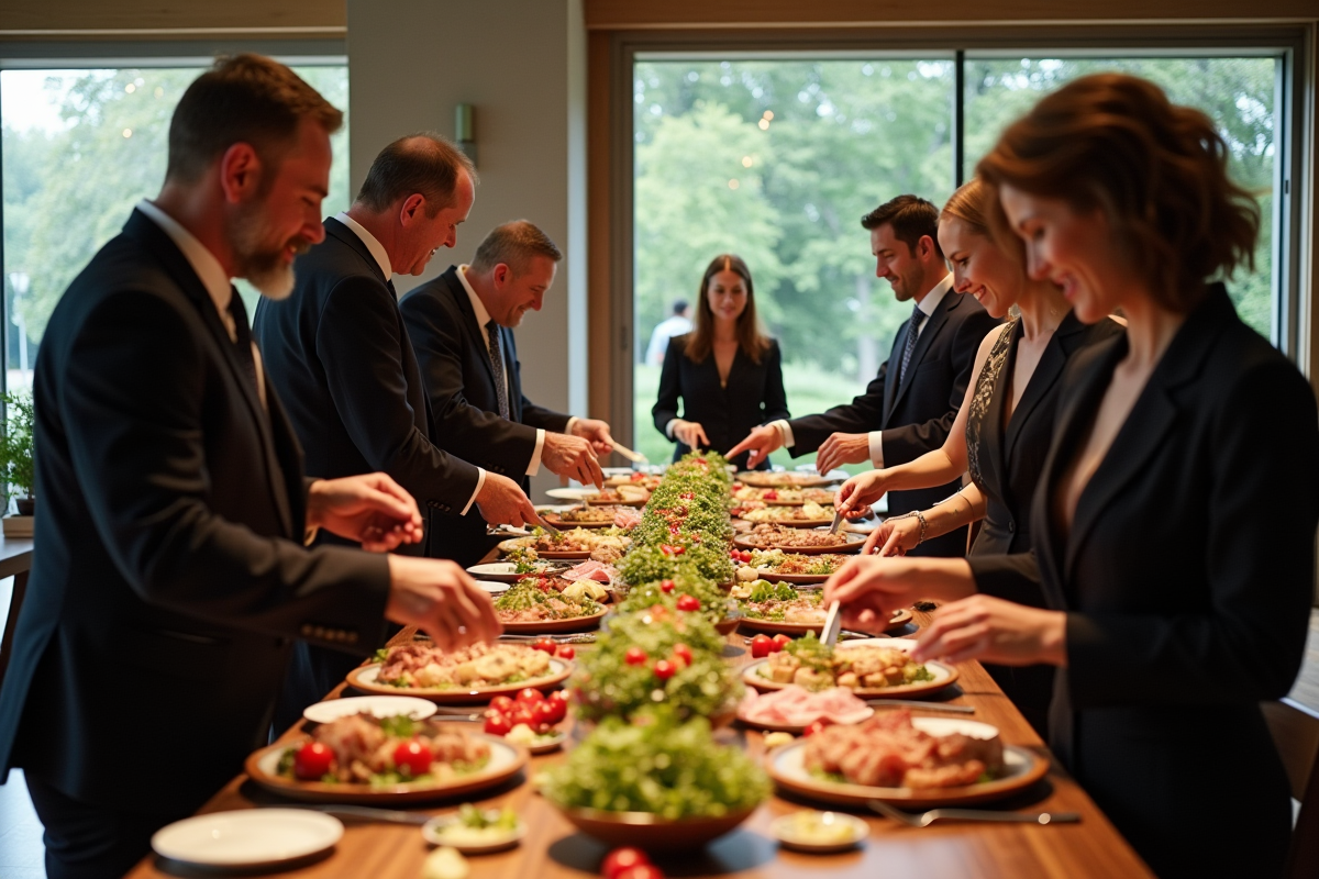 Groupe d invités élégants autour d un buffet intérieur