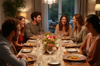 Groupe d'adultes souriants lors d'un dîner élégant à l'intérieur