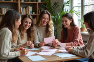 Femmes souriantes préparant des invitations dans un intérieur chaleureux
