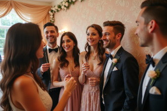 Groupe d'invites de mariage autour d'un photobooth festif