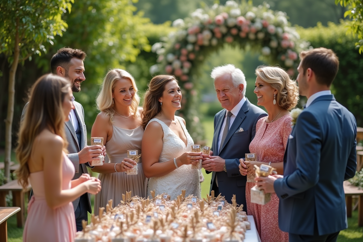 Invites de mariage dans le jardin avec sacs cadeaux personnalisés