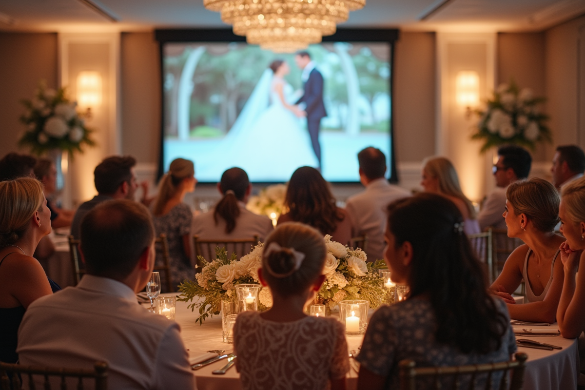 Groupe d invités de mariage regardant un diaporama dans la salle