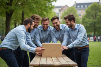 Groupe d'hommes souriants lors d'un jeu d'évasion en plein air dans un parc