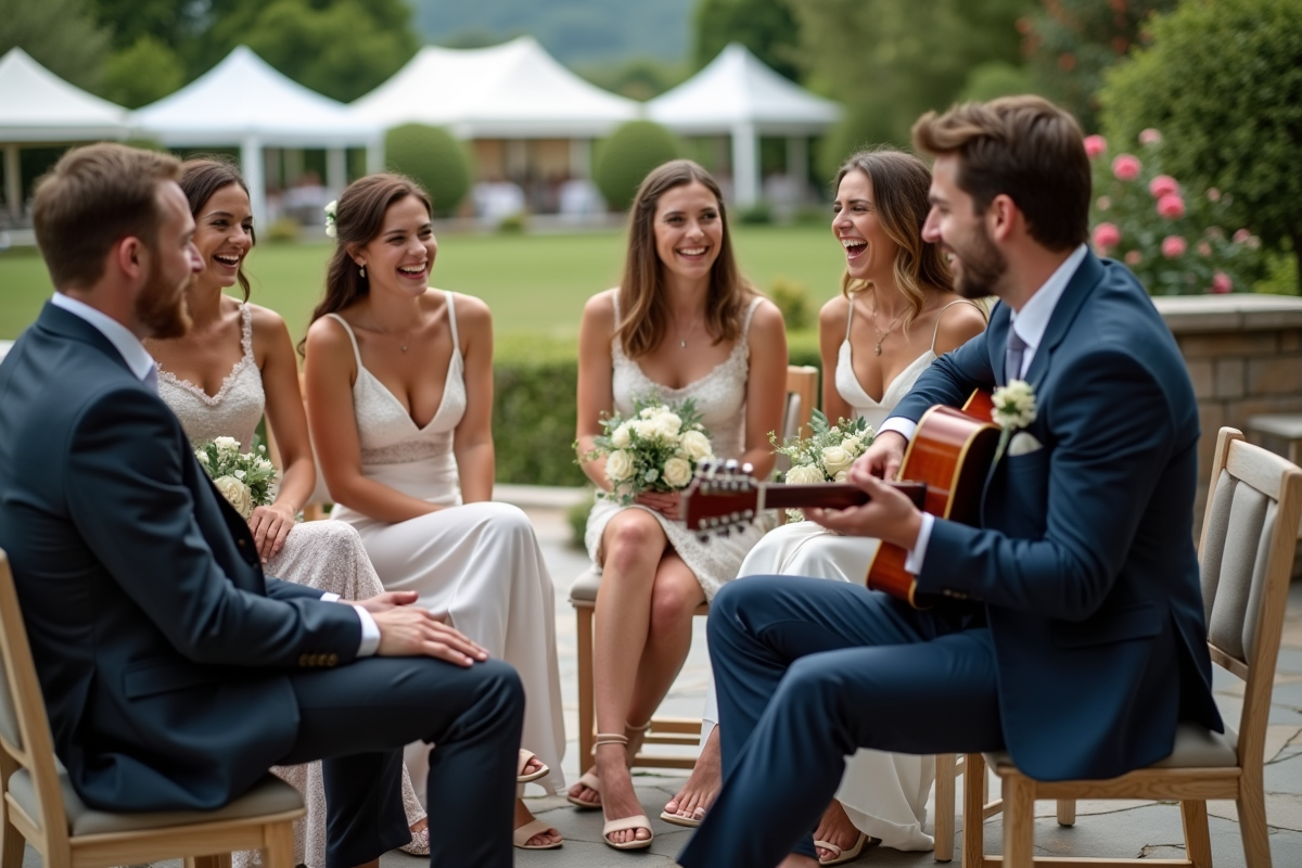 Groupe d’amis chantant avec guitariste en extérieur