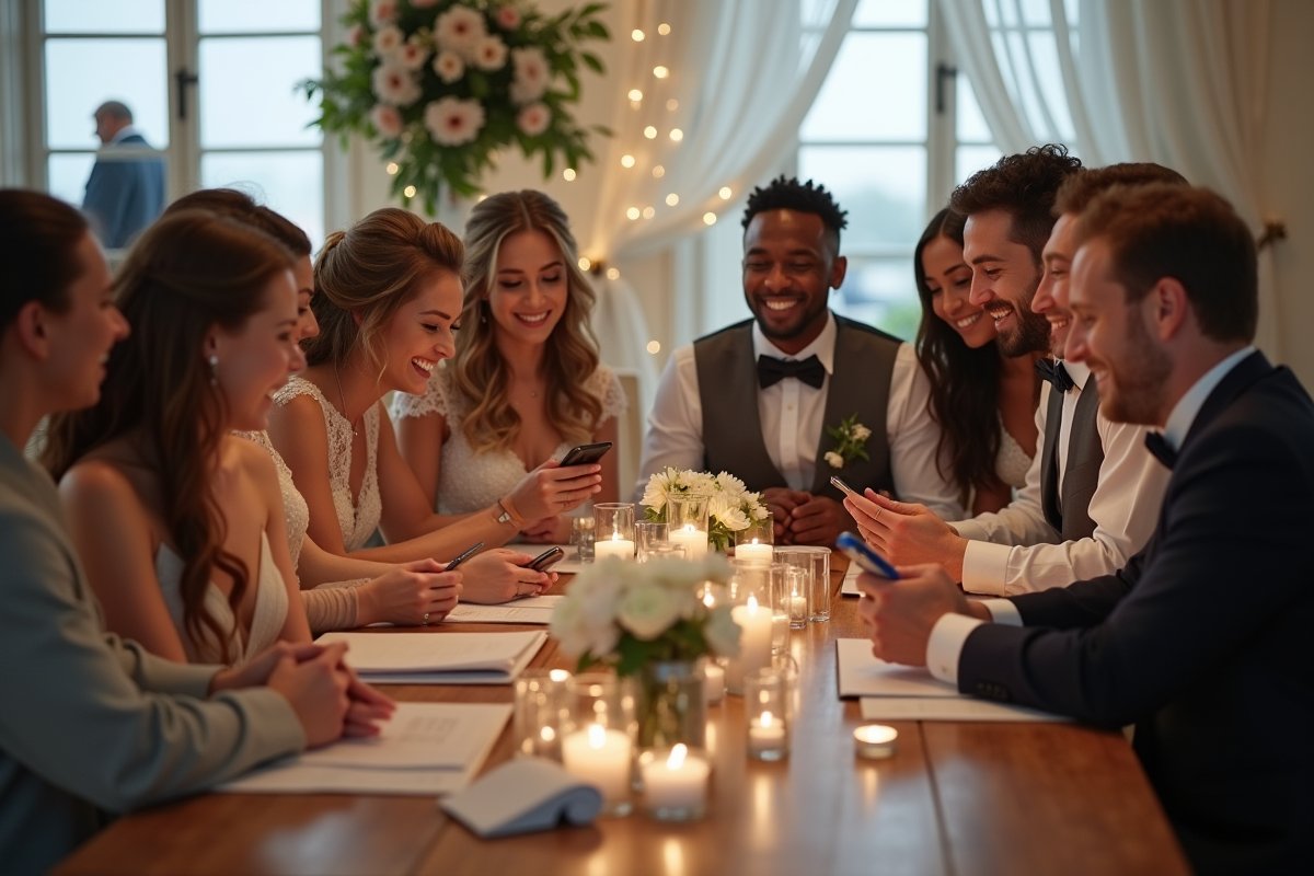 Groupe d'adultes en mariage discutant avec leurs téléphones