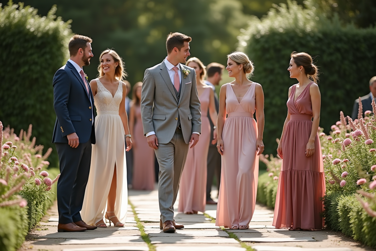 Groupe d'invites de mariage dans un jardin élégant