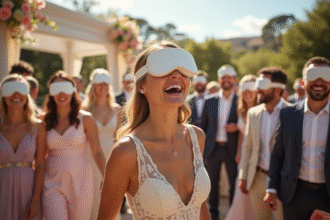 Groupe d'invites de mariage joyeux en plein air