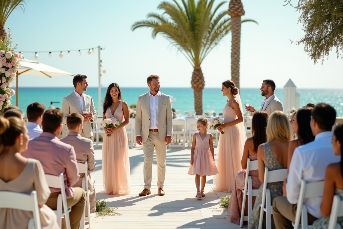 Groupe d'invités élégants lors d'un mariage en bord de mer