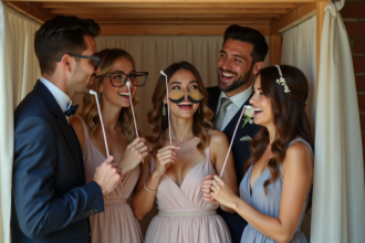 Groupe d'invites élégants dans un photobooth rustique