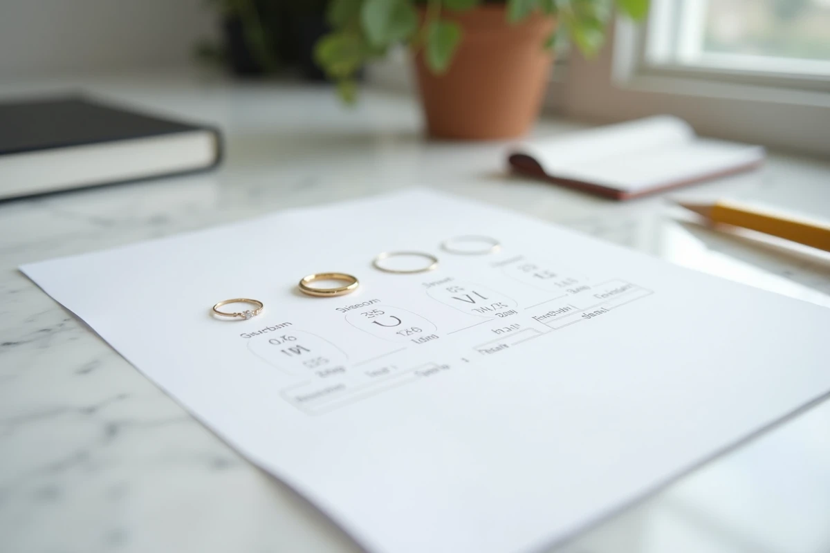 Guide de mesure de taille de bague avec un anneau posé sur un tableau des tailles imprimé