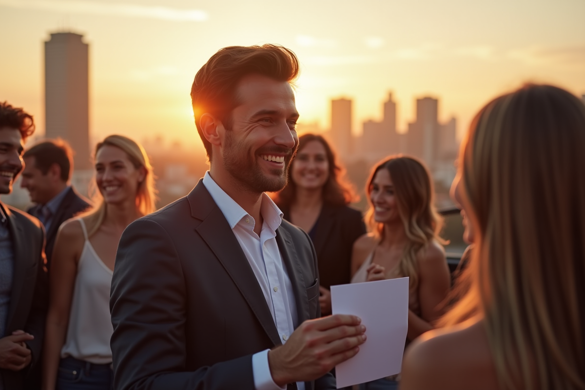 Homme souriant tenant une invitation en rooftop urbain