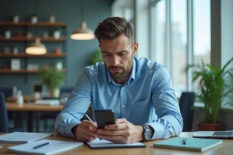 Homme d affaires en bureau regardant son smartphone