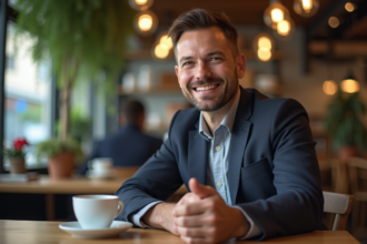 Homme en blazer souriant dans un café moderne