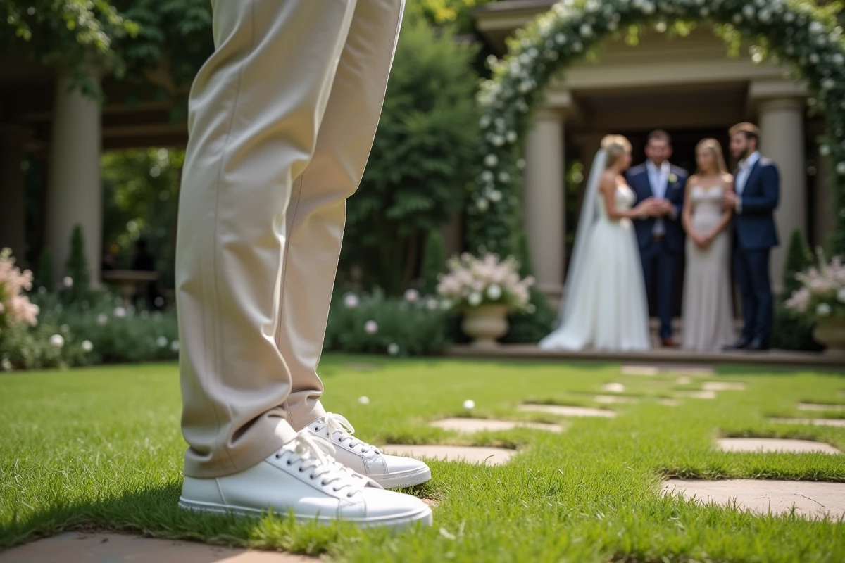 Homme en costume avec baskets blanches lors d
