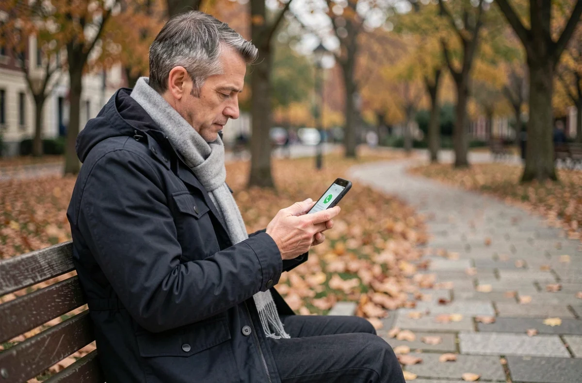 Homme rédigeant un message de remerciement WhatsApp assis sur un banc dans un parc en automne