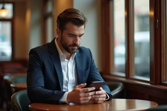 Homme en costume regardant son smartphone dans un café