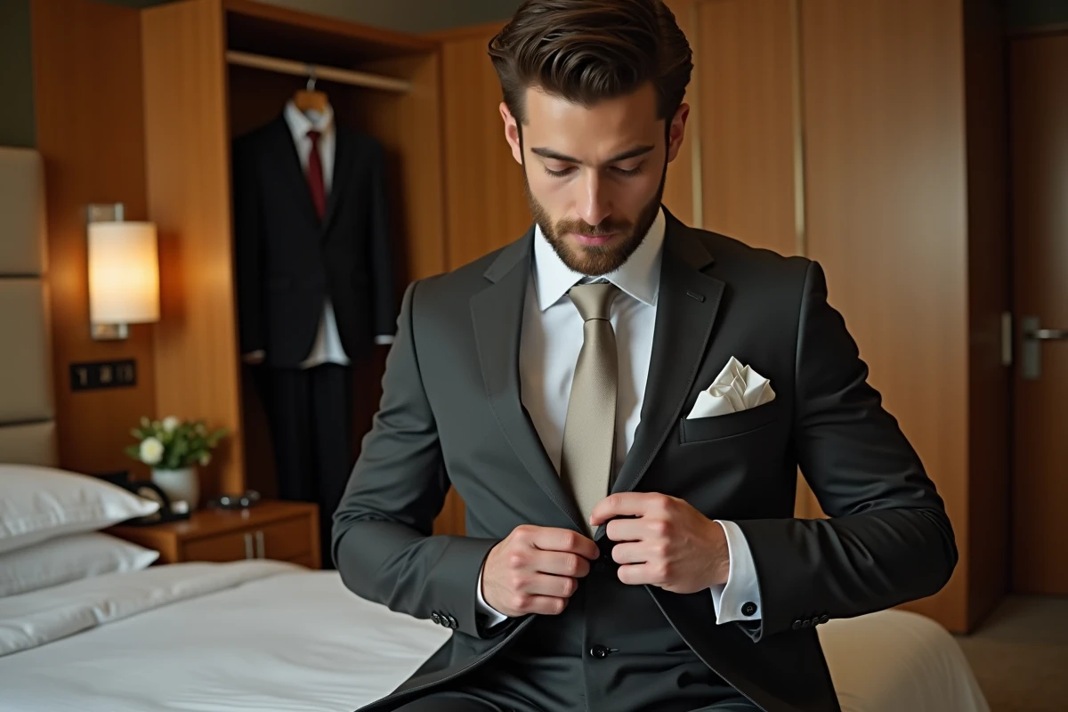 Homme préparant sa tenue de cérémonie de mariage en dernière minute dans une chambre d'hôtel