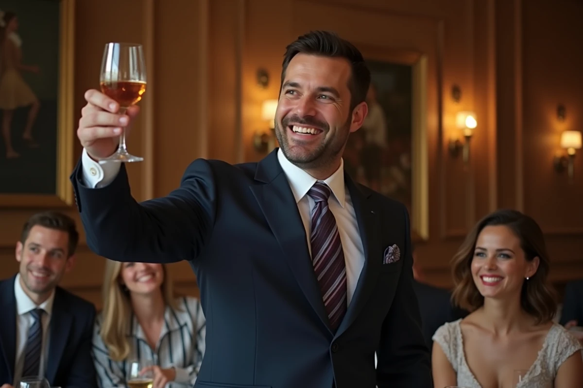 Homme en costume navy souriant lors d'un toast en dîner élégant