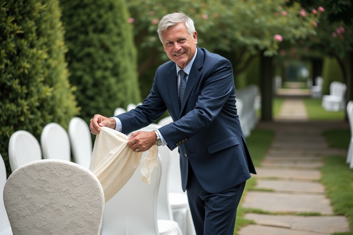 Homme en costume ajustant une housse en dentelle dans un jardin
