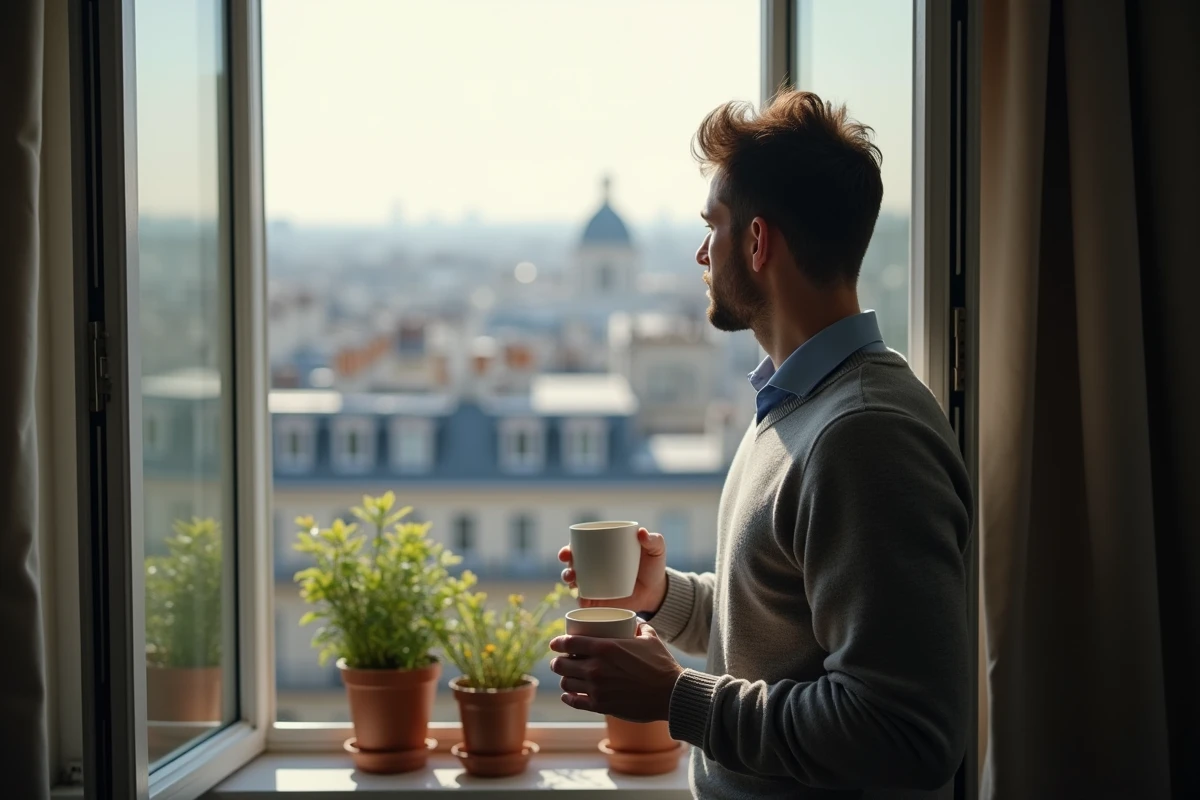 Homme regardant par la fenêtre avec vue sur Paris