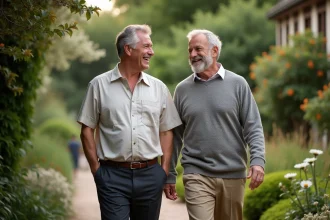 Deux hommes souriants dans un jardin privé verdoyant
