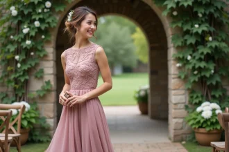 Invitée d'honneur en robe midi rose poudré à dentelle lors d'une cérémonie de mariage en plein air