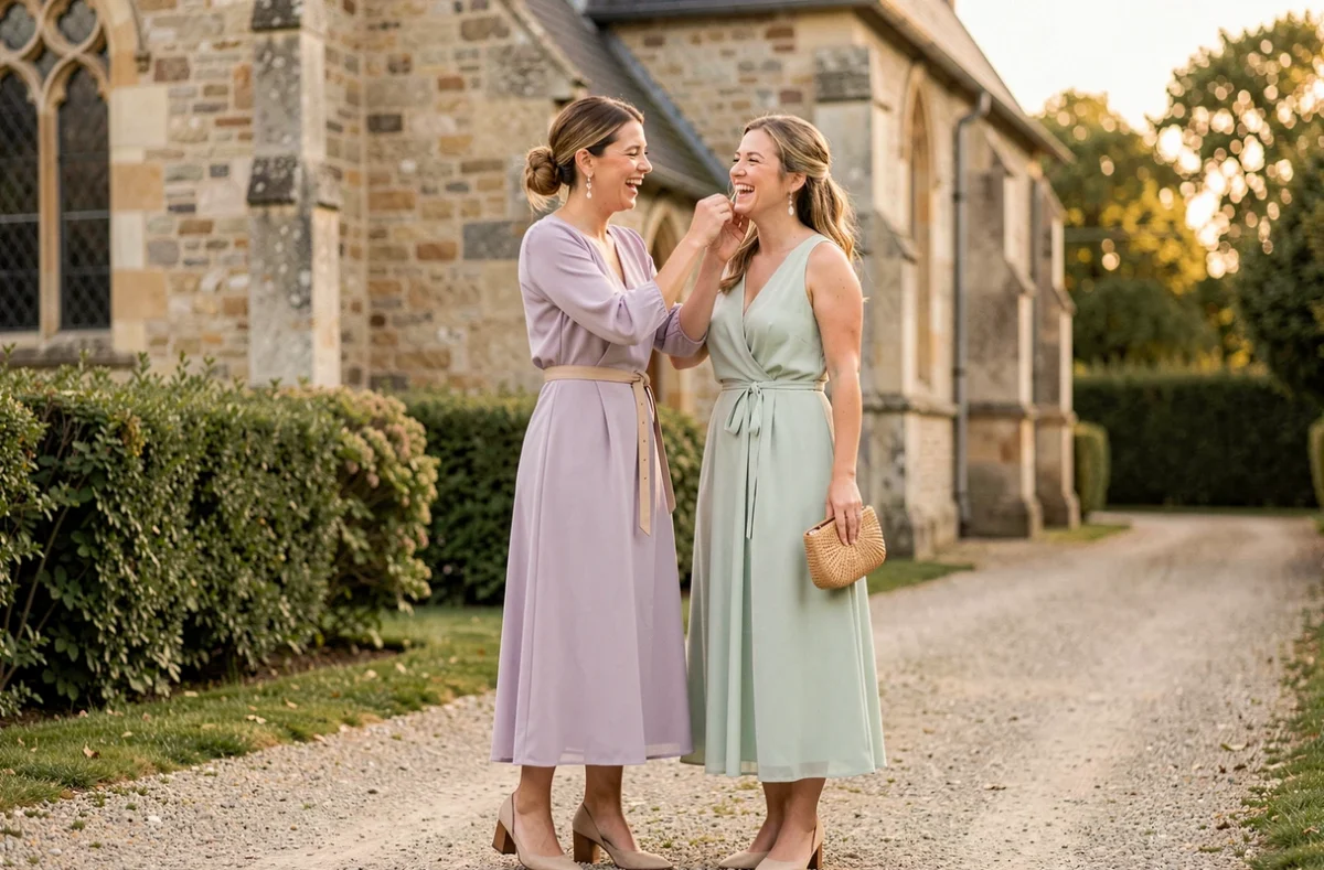 Deux femmes invitées à un mariage à la campagne devant une église en pierre, en robes pastels lavande et vert pâle, riant en s'aidant mutuellement à ajuster leurs accessoires comme boucles d'oreilles et pochette en rotin