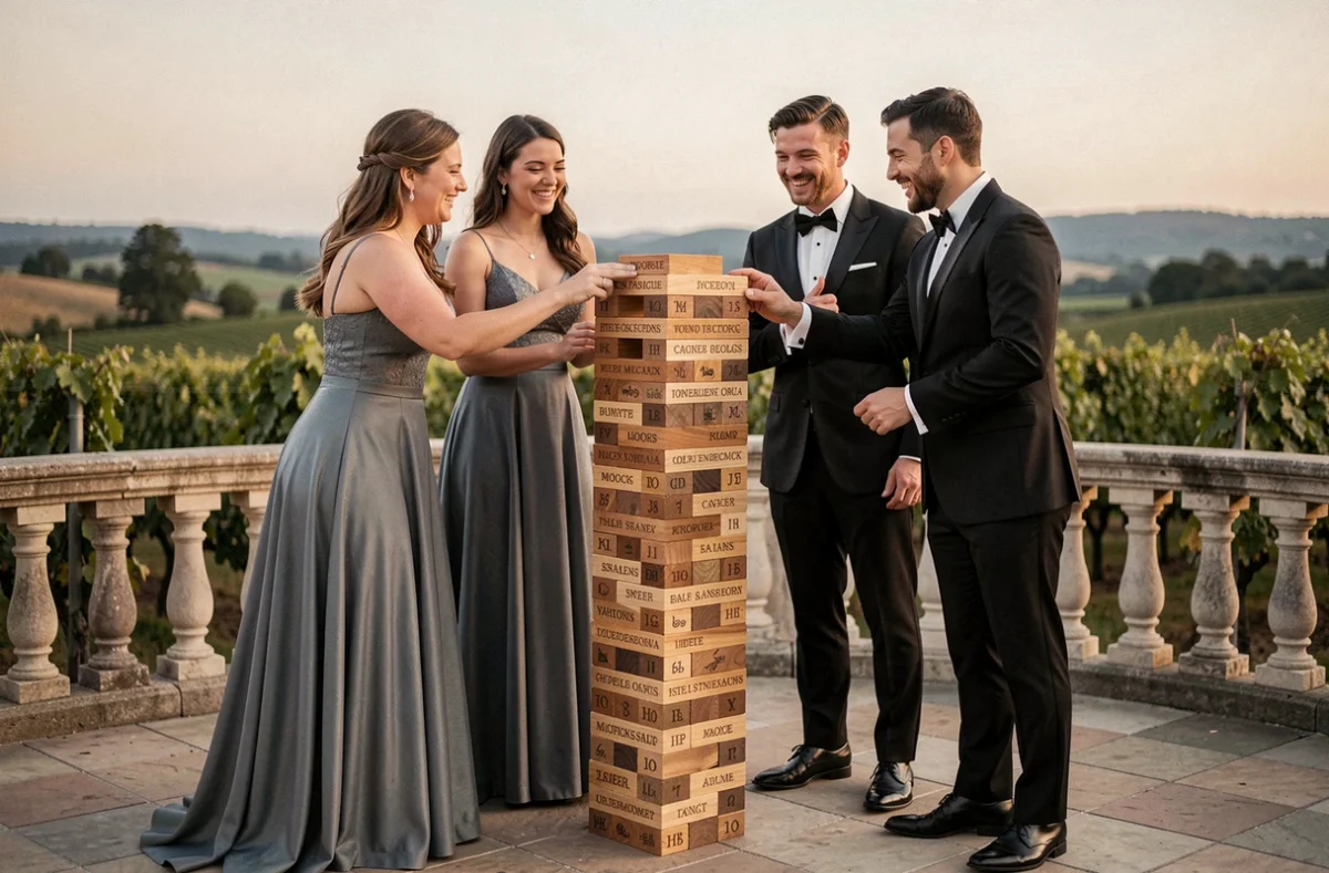 Invités de mariage en tenue de soirée jouant au Jenga géant sur une terrasse en pierre avec vue sur vignoble