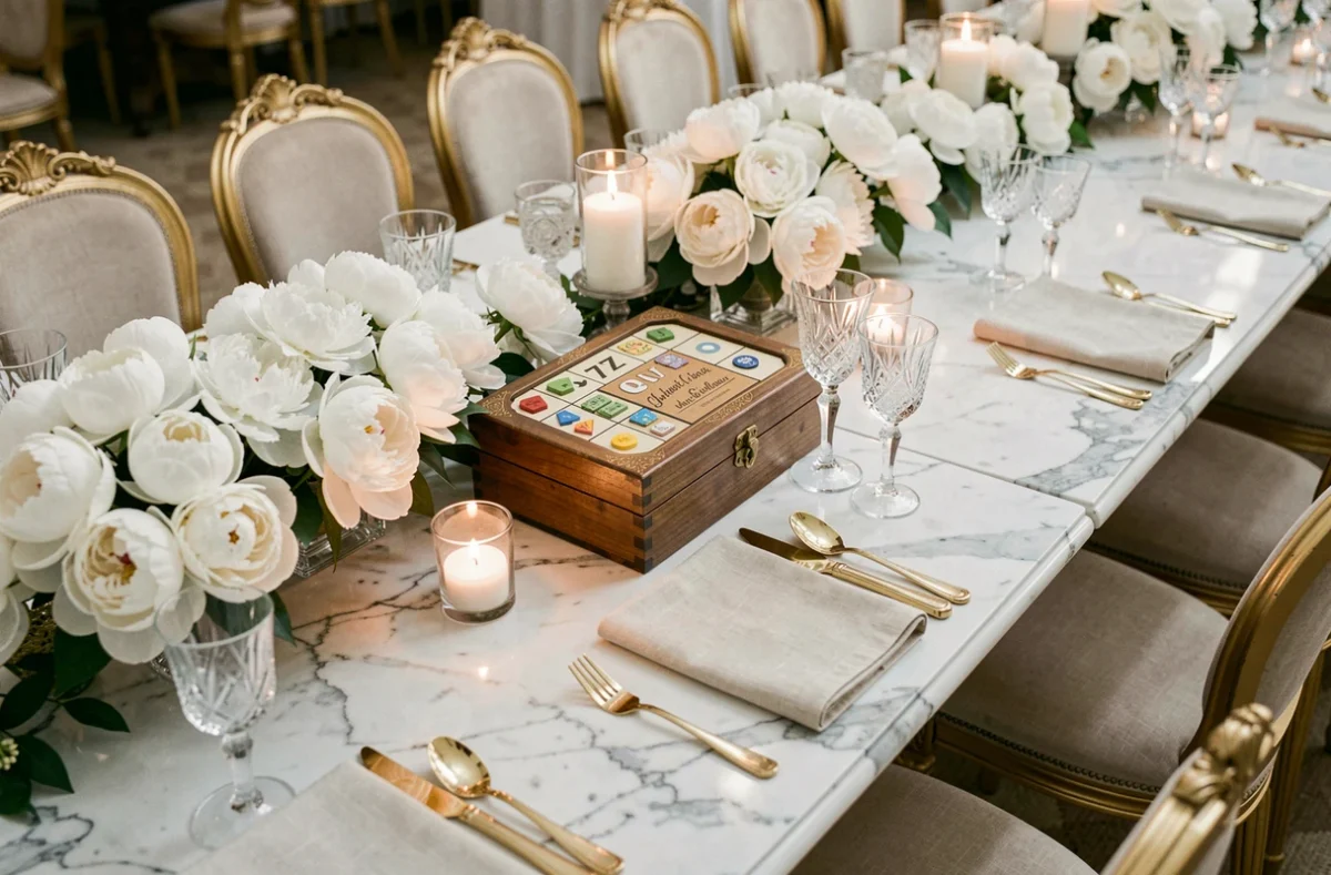 Jeu de cartes élégant intégré à une table de réception de mariage luxueuse avec fleurs et vaisselle raffinée