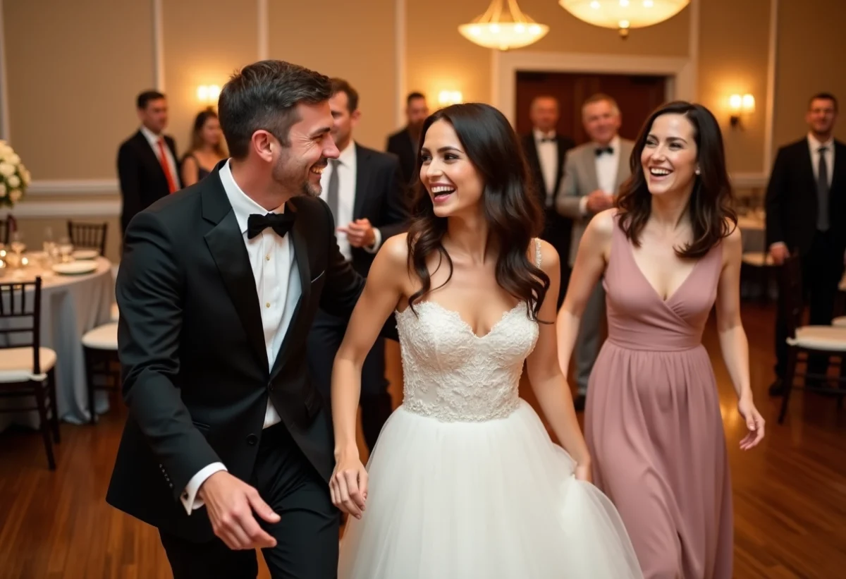 Groupe d'adultes et famille jouant aux chaises musicales lors d'un mariage