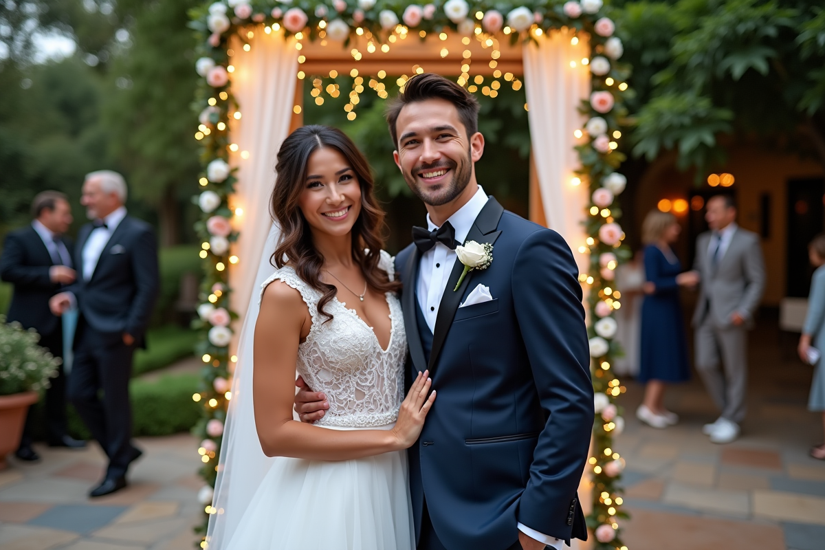 Jeune couple marié avec grands-parents dans un jardin