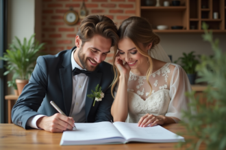 Jeune couple souriant préparant un mariage économique à la maison