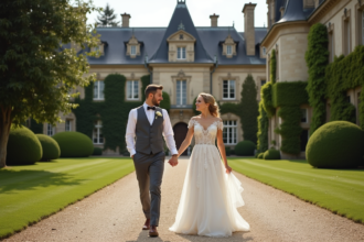 Jeune couple de mariés devant un château français élégant