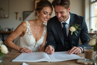 Jeune couple de mariés vérifiant une checklist de mariage