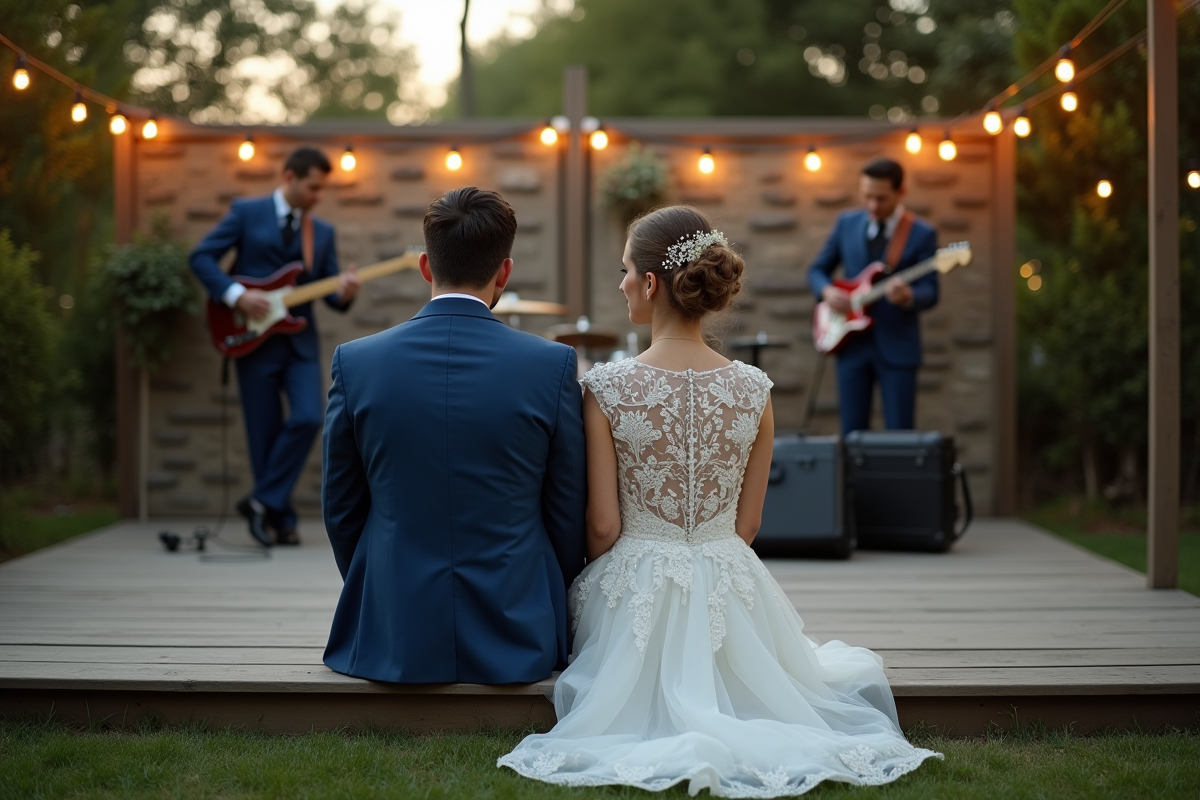 Jeune couple assis dans un jardin lors d’un mariage