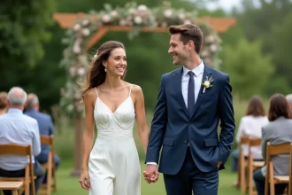 Jeune couple souriant lors d'un mariage en plein air
