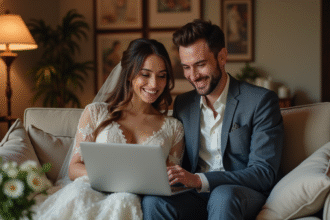 Jeune couple marié souriant regardant un diaporama de mariage