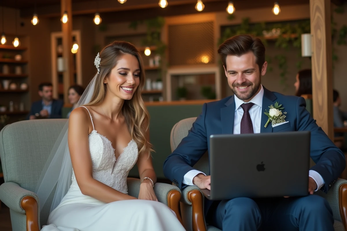 Jeune couple de mariés réagissant à une diapositive de mariage