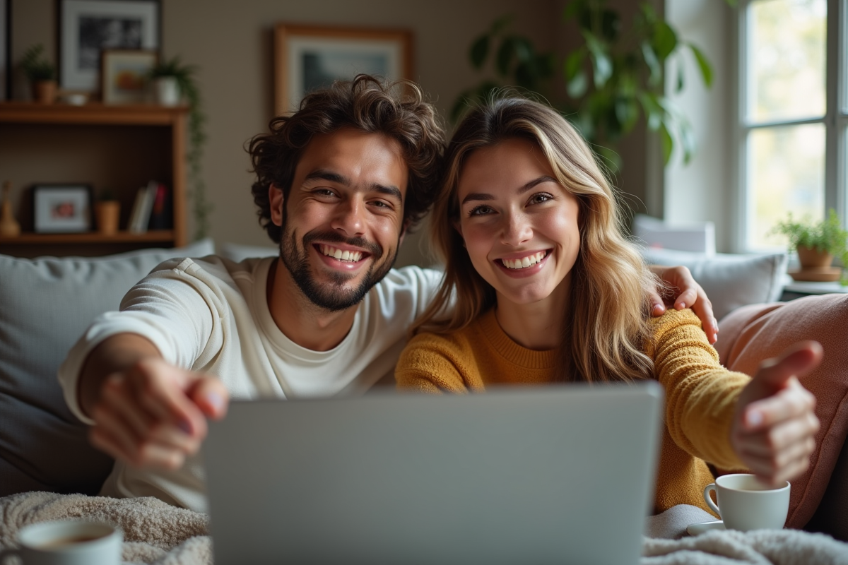 Jeune couple discutant en vidéo dans des environnements chaleureux