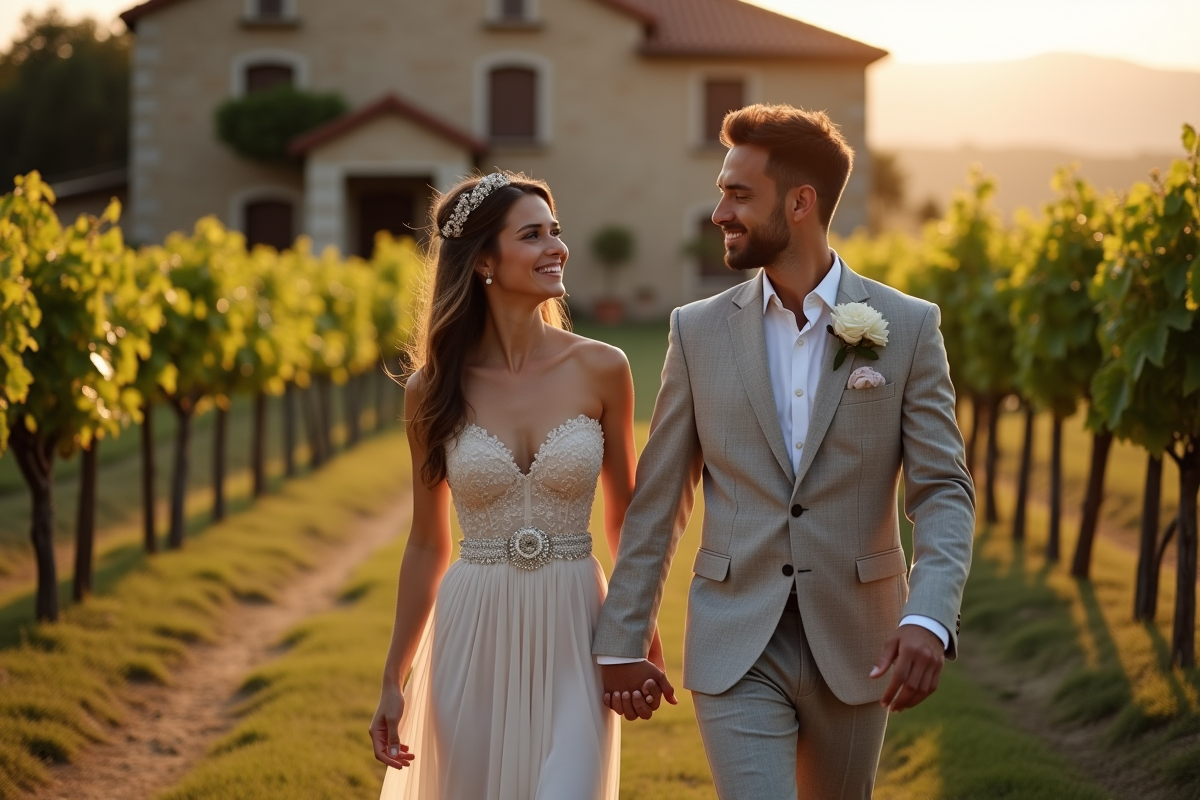 Jeune couple marié dans une vigne au crépuscule