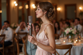 Jeune femme en robe pastel chante lors d’un mariage intérieur