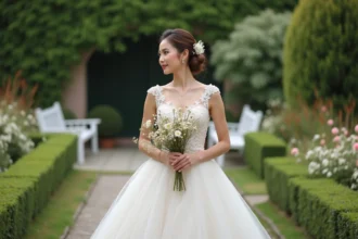 Jeune femme en robe de mariée élégante dans un jardin fleuri
