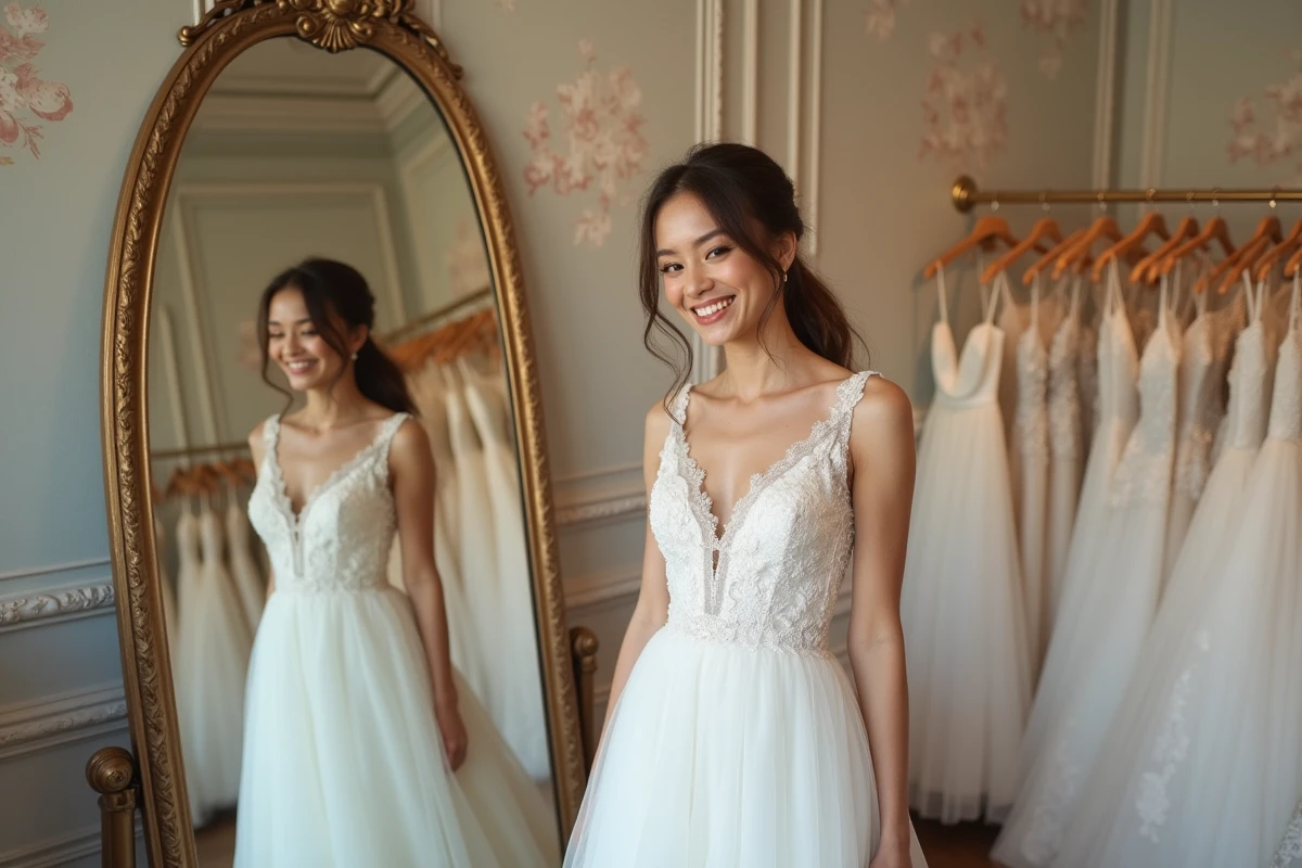 Jeune femme souriante en robe de mariage élégante dans une boutique parisienne